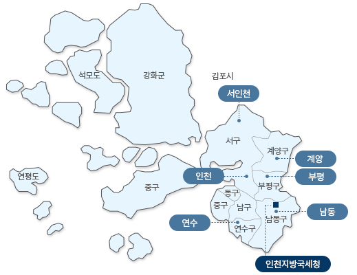 인천광역시 지도 : 남동구(인천지방국세청, 남인천), 부평구, 서구(서인천, 인천), 계양구(북인천), 동구, 중구, 남구, 연수구(연수), 강화군, 석모도, 중구, 연평도