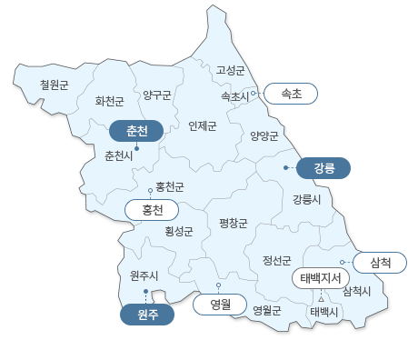 강원도 지도 : 철원군, 화천군, 양구군, 인제군, 고성군, 속초시(속초), 양양군, 춘천시(춘천), 홍천군(홍천), 강릉시(강릉), 평창군, 횡성군, 원주시(원주), 영월군(영월), 정선군, 태백시(태백), 삼척시(삼척)