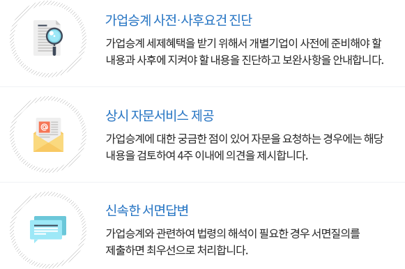 가업승계 사전·사후요건 진단 : 가업승계 세제혜택을 받기 위해서 개별기업이 사전에 준비해야 할 내용과 사후에 지켜야 할 내용을 진단하고 보완사항을 안내합니다.  상시 자문서비스 제공 : 가업승계에 대한 궁금한 점이 있어 자문을 요청하는 경우에는 해당 내용을 검토하여 4주 이내에 의견을 제시합니다.  신속한 서면답변: 가업승계와 관련하여 법령의 해석이 필요한 경우 서면질의를 제출하면 최우선으로 처리합니다.